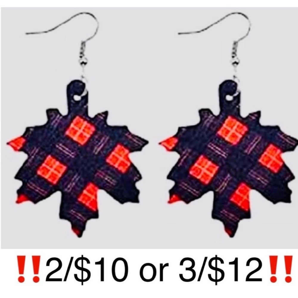 Orange & Black Buffalo Plaid Faux Leather Autumn Leaf Fall Earrings